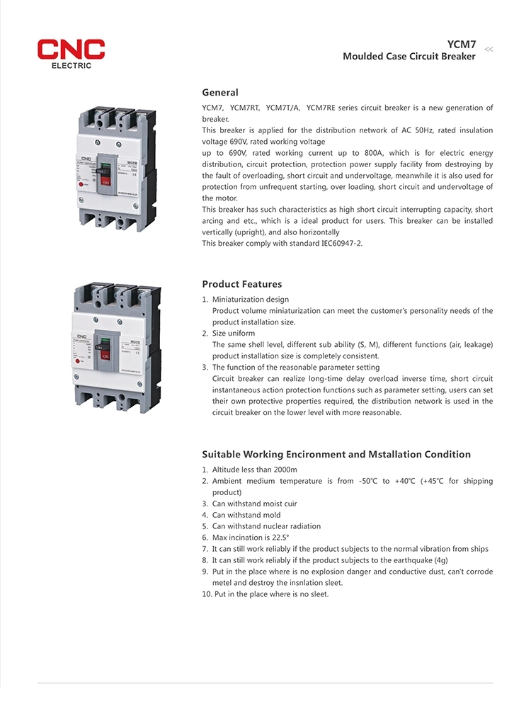 CNC Ycm7 3p 4p MCCB Thermal Magnetic Adjustable Circuit Breaker MCCB IEC60947-2 Approved for Power Distribution Motor Protection Moulded Case Circuit Breaker