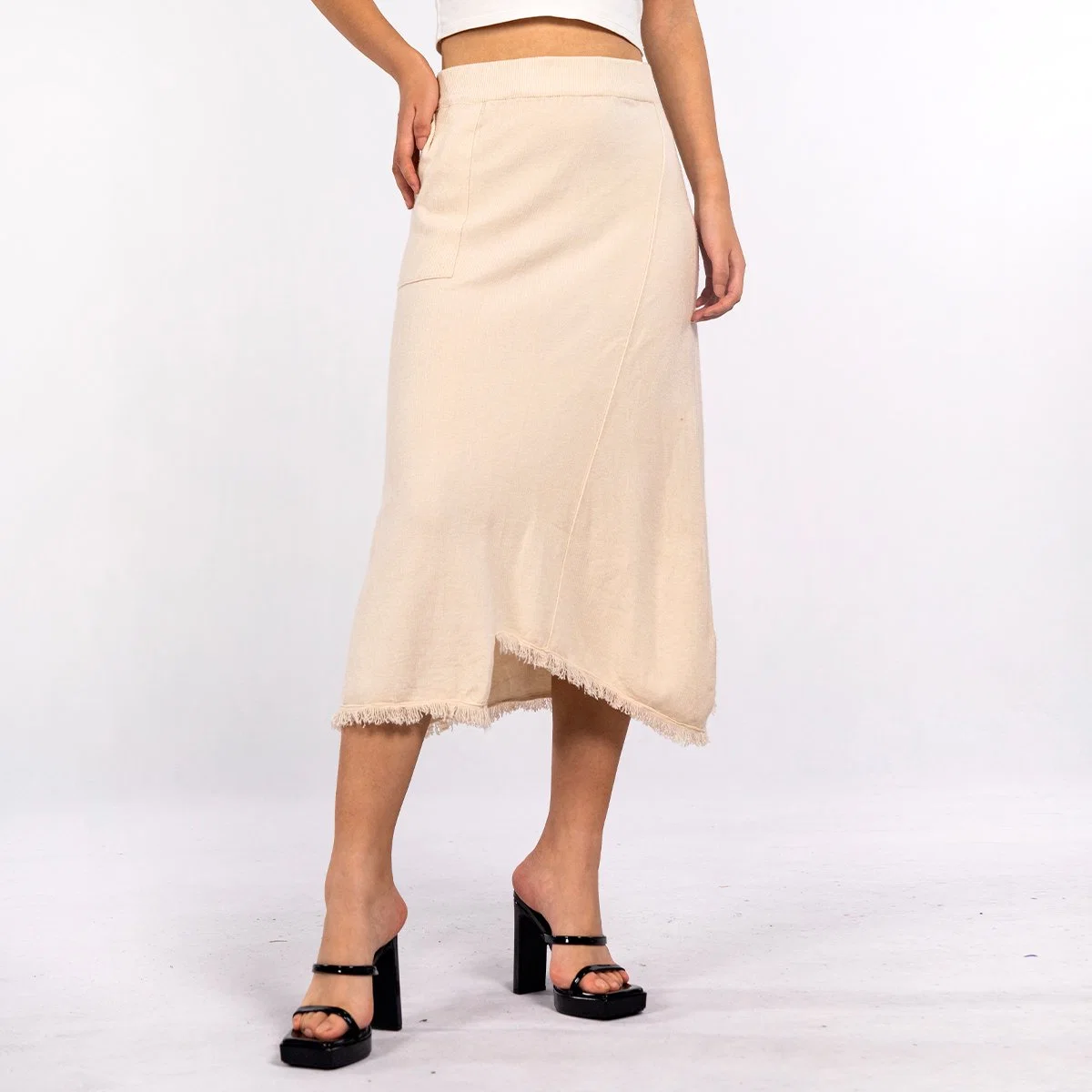 Design Irregular Beveled Edge Raw Edge with Pockets High Waisted Knit MIDI Skirt for Women