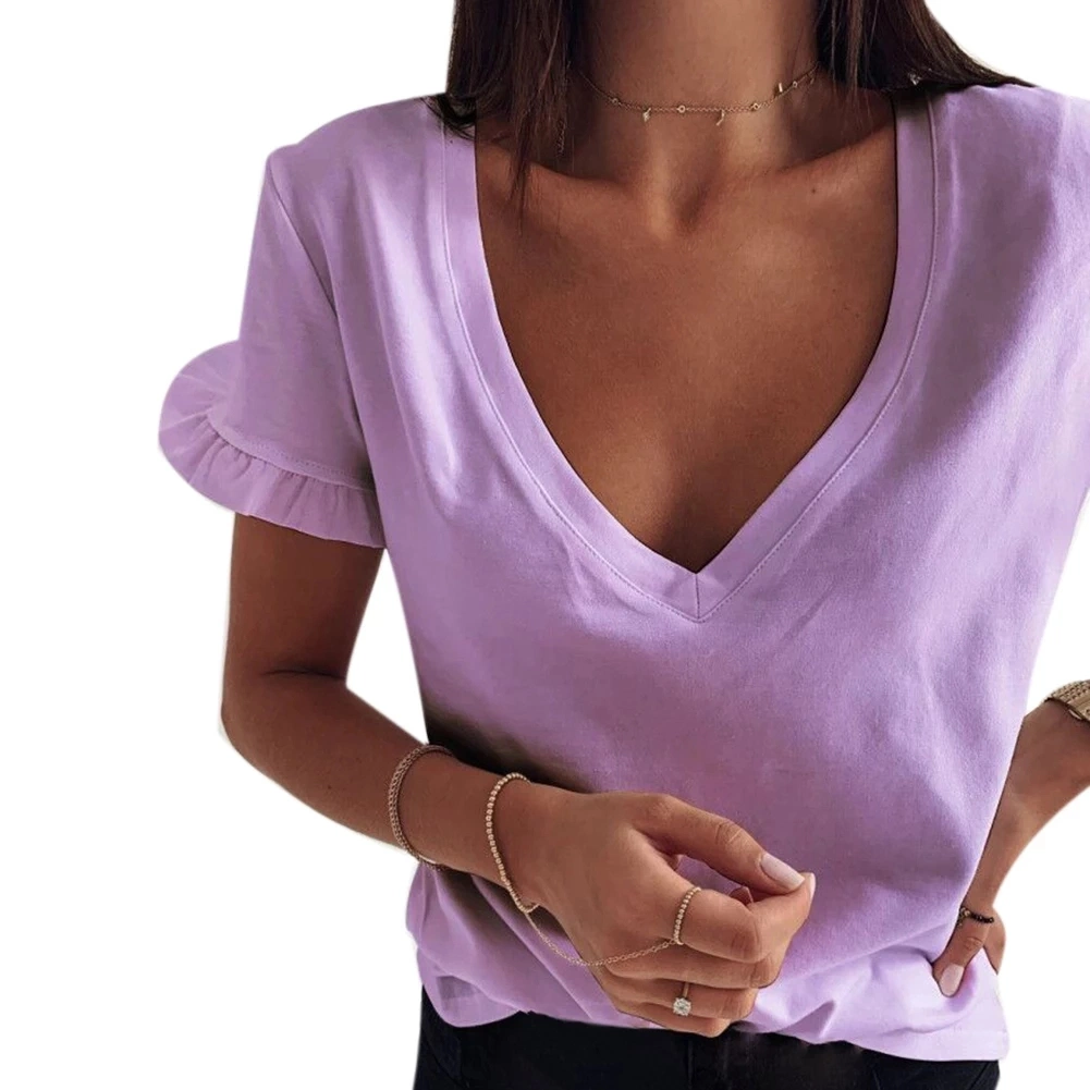 Mujeres Casual Verano sólido Sexy V cuello desbocado corto suelto Camiseta con parte superior con fondo de manga y camiseta blanca para mujer de talla superior