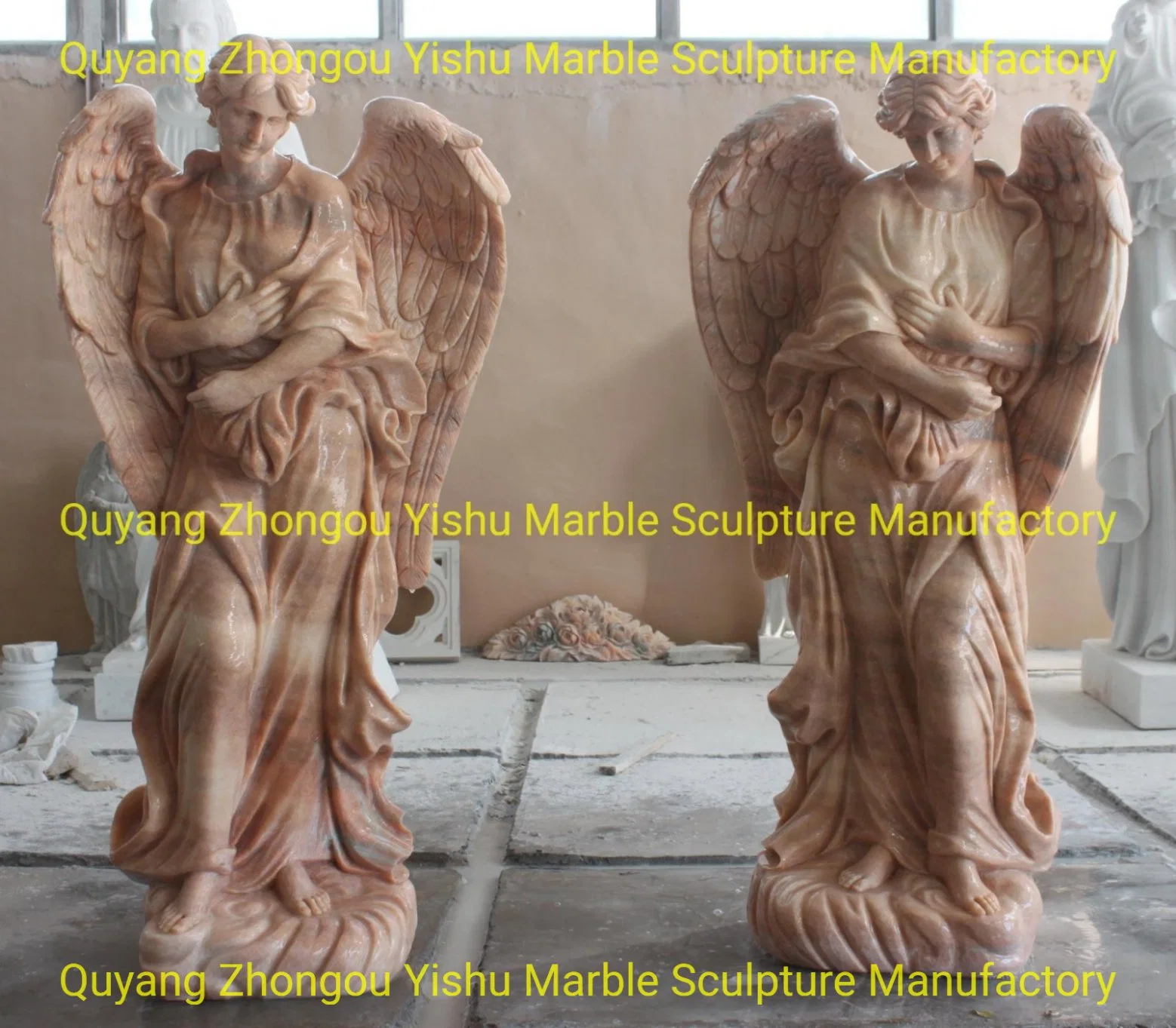 a Pair of Sunglow Marble Angel Sculpture Standing for Memorial