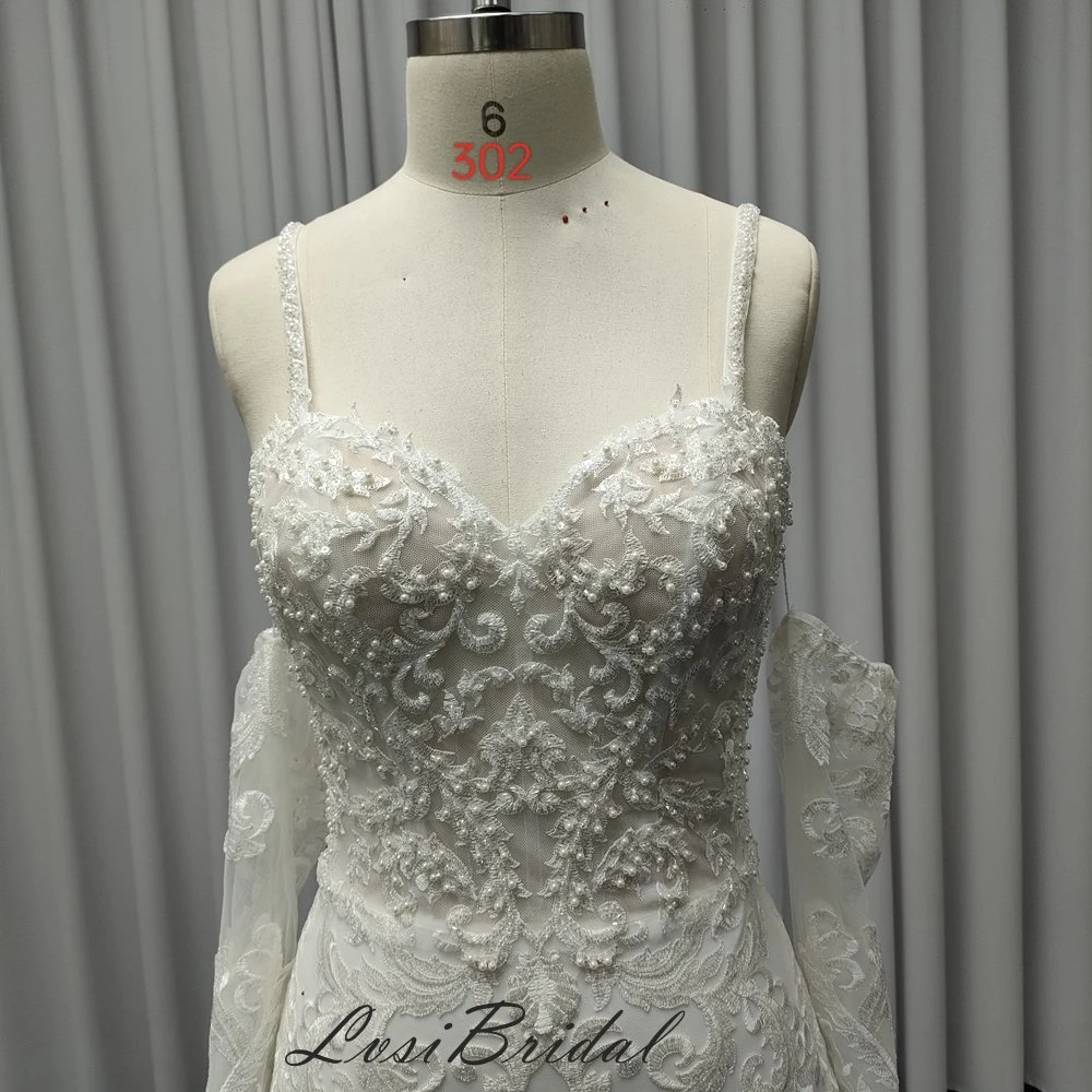 302 Illusion Bodice Spaghetti Straps Wedding Dress with Detachable Long Sleeve Bridal Gown Dress Heavy Lace and Beading Dress for European and American Style