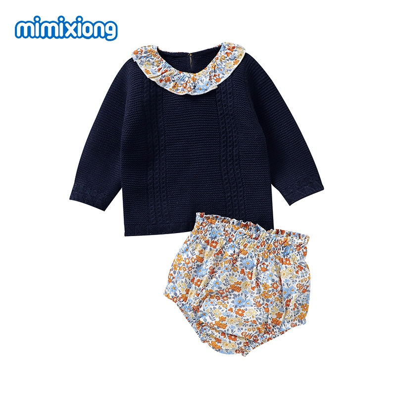 Mimixiong Wholesale/Supplier Infant Baby Clothing Soft Warm Flowers Pattern Baby Knitted Pullover Sweater and Pants Sets for Girls