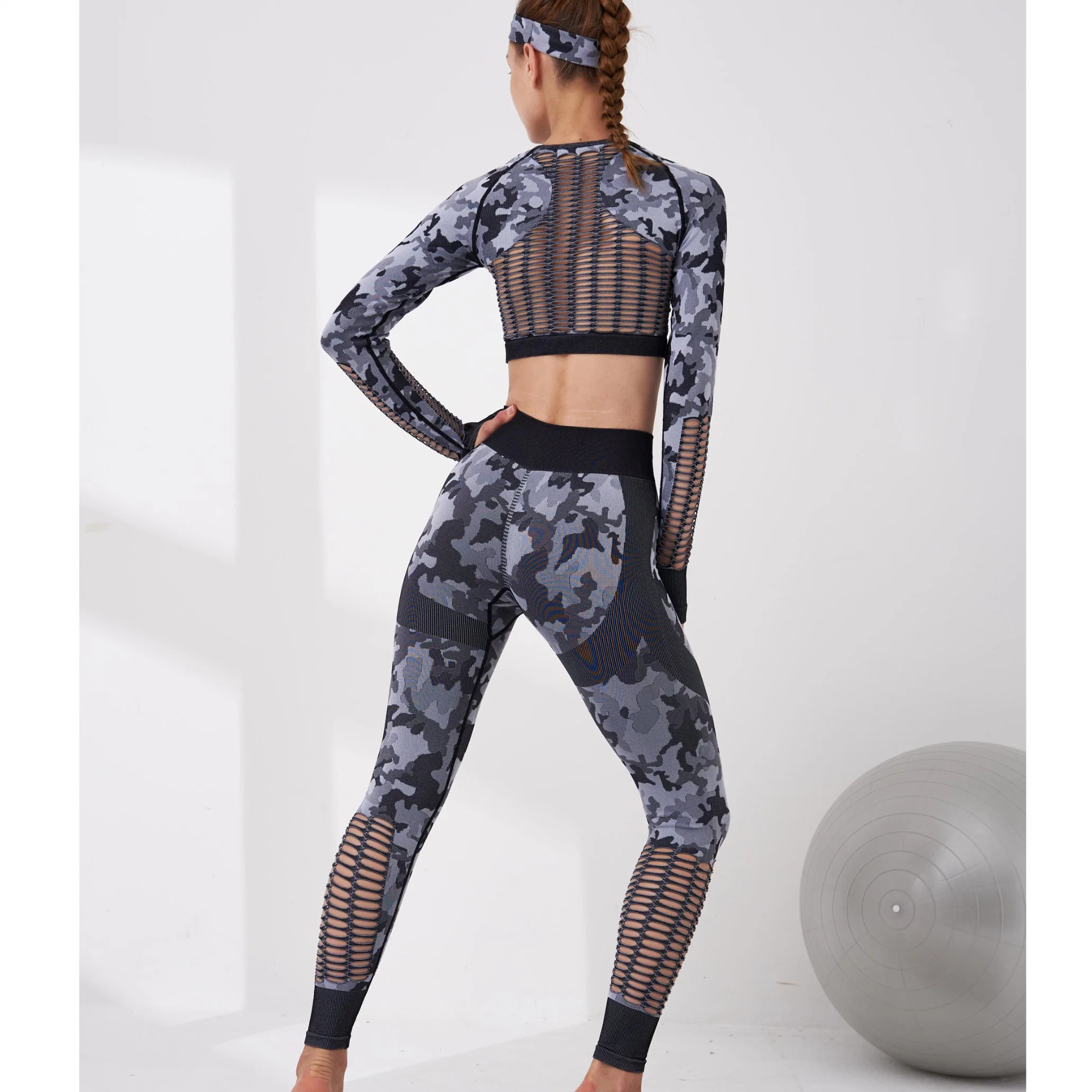 Individuelle Hollow Out Camo Frauen nahtlose Yoga-Sets