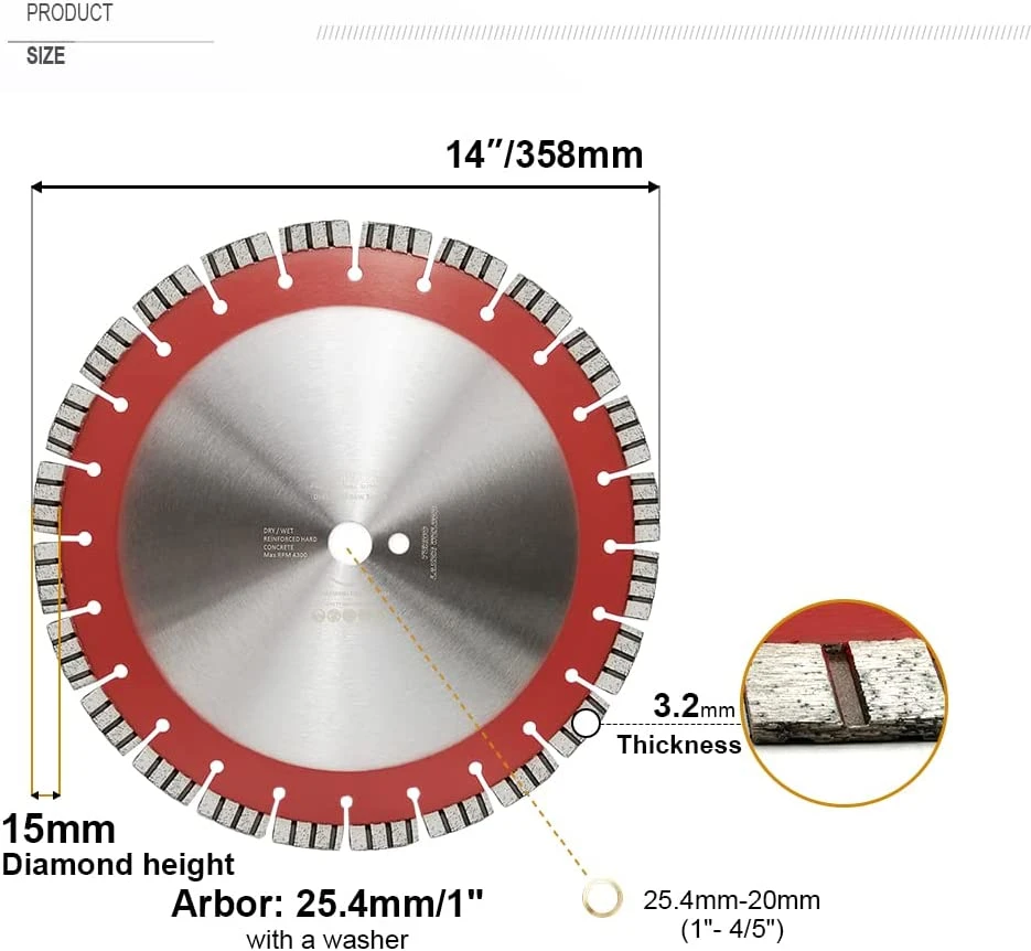 Lame de scie à béton de 18 pouces avec segments soudés au laser Premium Turbo coupe sèche ou humide