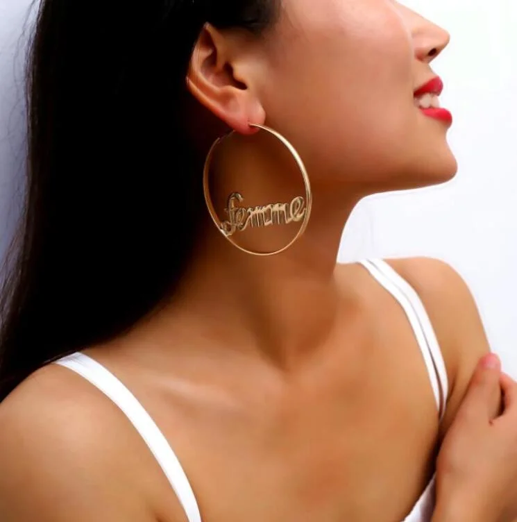 Large Circle Letter Earrings Simple Geometric Baby English Letter Hollow Earrings Women