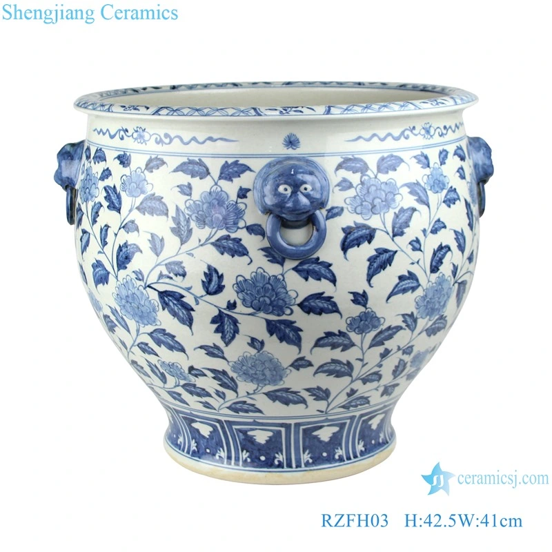 China Jingdezhen Blue and White Fishbowl Porcelain Planter with Lion Head Home Garden Ceramic Flower Pot Fish Pond