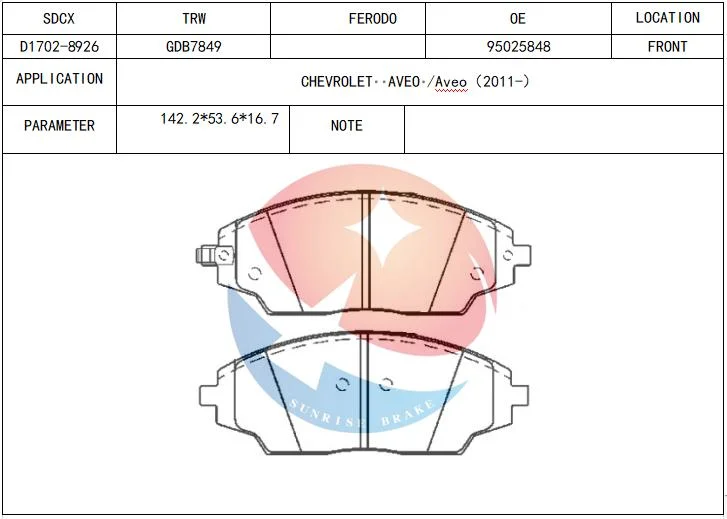 Sdcx D1702/Gdb3579 Gdb7849 Genuine Quality Wholesale Disc Ceramic Brake Pads for Chevrolet