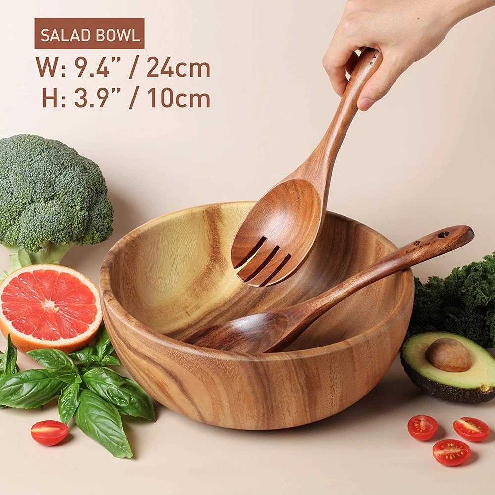 Acacia Wood Salad Bowl with Servers Set