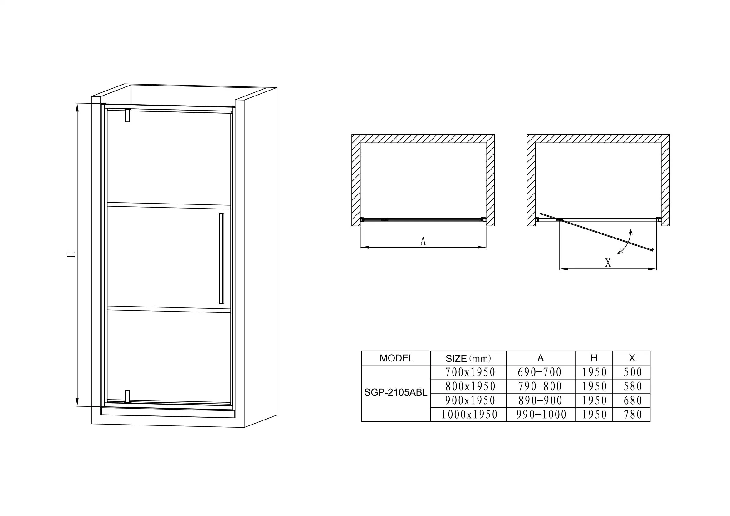 Enmarcado de aluminio negro con bisagras de puerta de ducha ducha Pivote de la impresión en negro del gabinete de seguridad de la línea de fabricación del vidrio 800x1950 mm