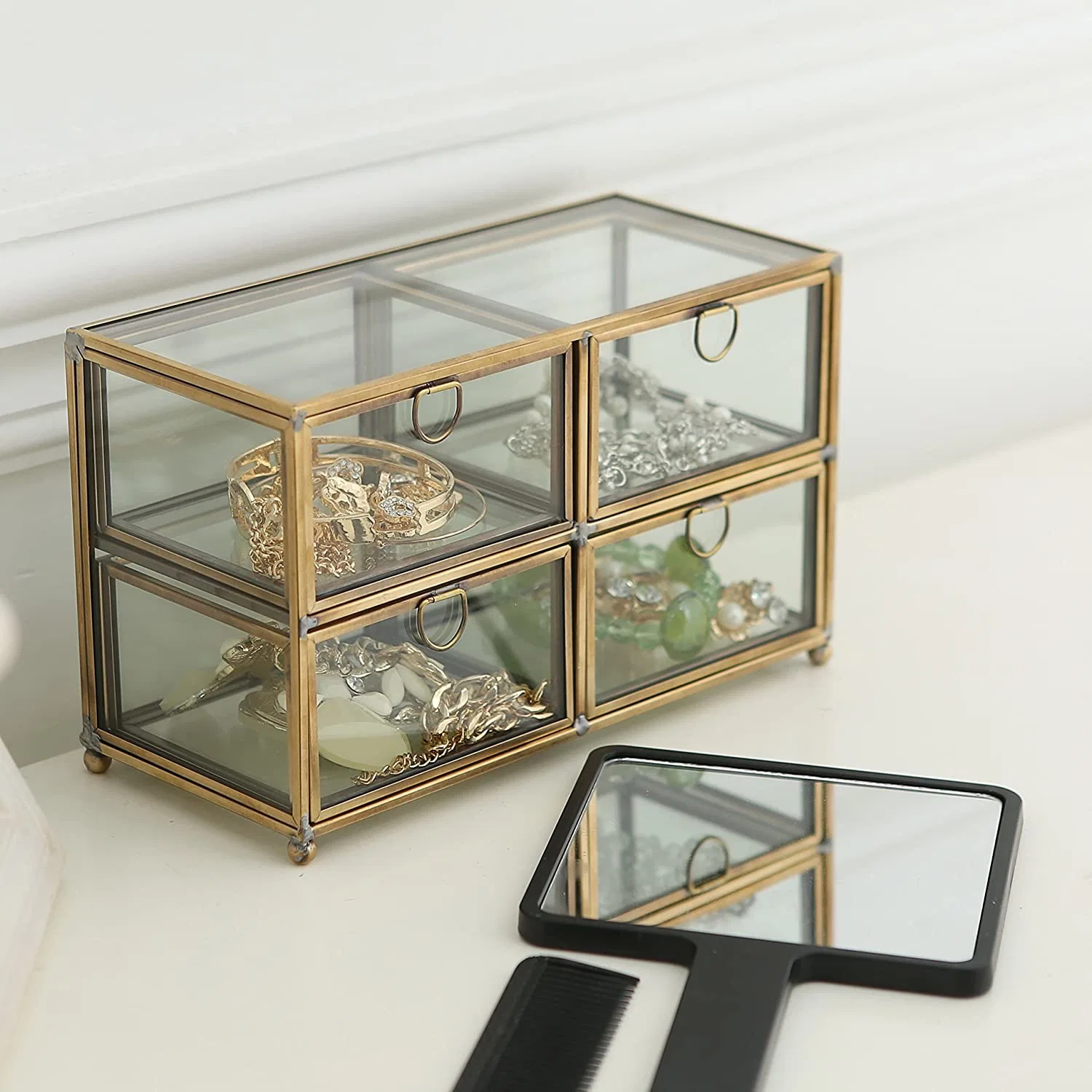 Highfree Copper Golden Vintage Glass Box, Jewelry Box, 4 Compartment