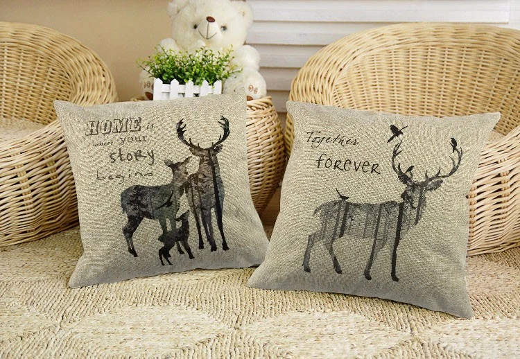 Le cerf dans la forêt du coton Housse de coussin coussin de conception de style européen Liene pour la nouvelle année cadeau de Noël pour siège de voiture