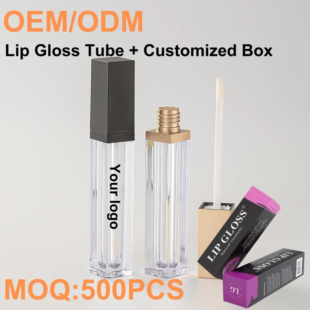 Niedriger MOQ Amazon Verkauf Logo Druck 4,5ml klar quadratischen Kunststoff Lippenglanz-Tubes Leere Flaschen Kosmetische Behälter Lippenbalsam Flasche Rohr