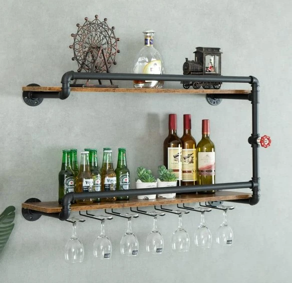 Wine Rack Wall Mounted 2 Tier Hanging Floating Bar with Glass Holder Storage Industrial Rustic for Farmhouse Kitchen Decor