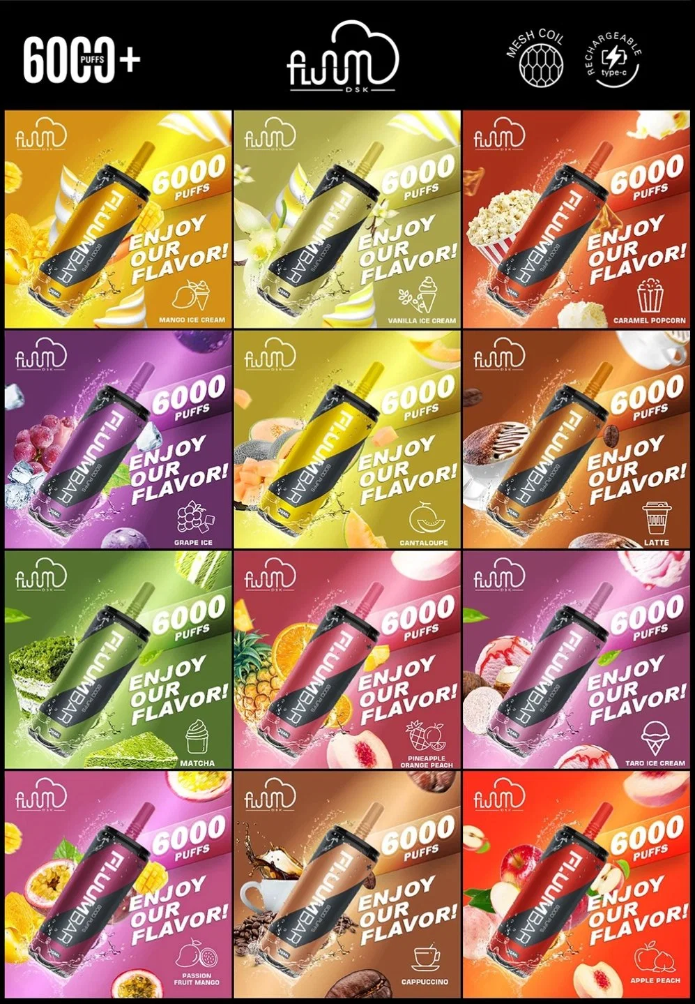 Comercio al por mayor de Vape Fluum desechables pluma 6000 bocanadas de humo Wape Puff Elf hielo jugo Vape vacío Vape Bar