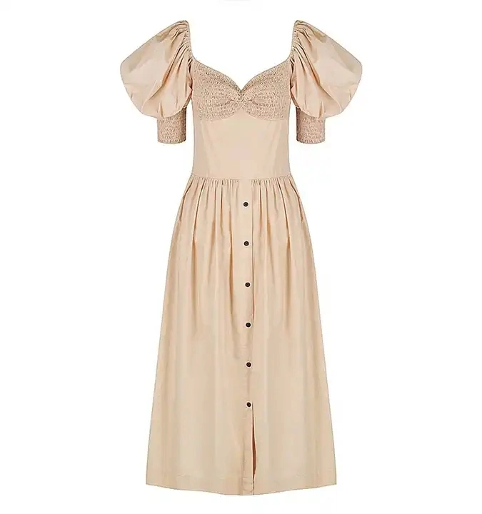 Sweetheart Bishop Sleeve Shirred A Line Flared MIDI Cotton Evening Linen Dress