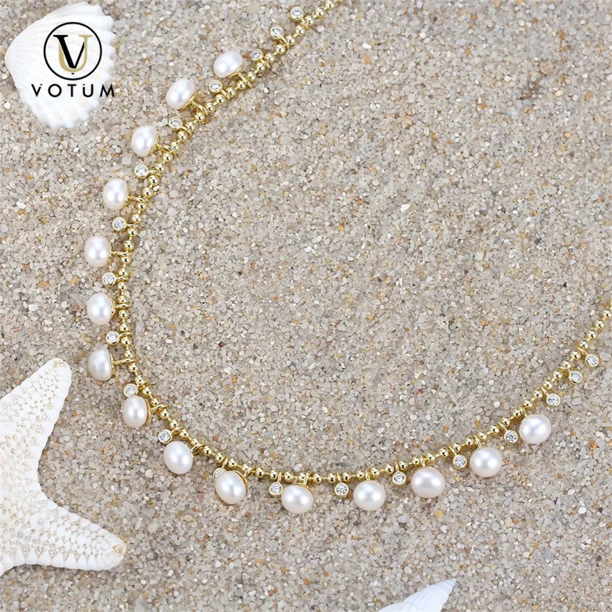 Votum OEM 925 Sterling Silver Gold Plated Chinese Freshwater Pearl Cubic Zirconia Necklace Jewelry