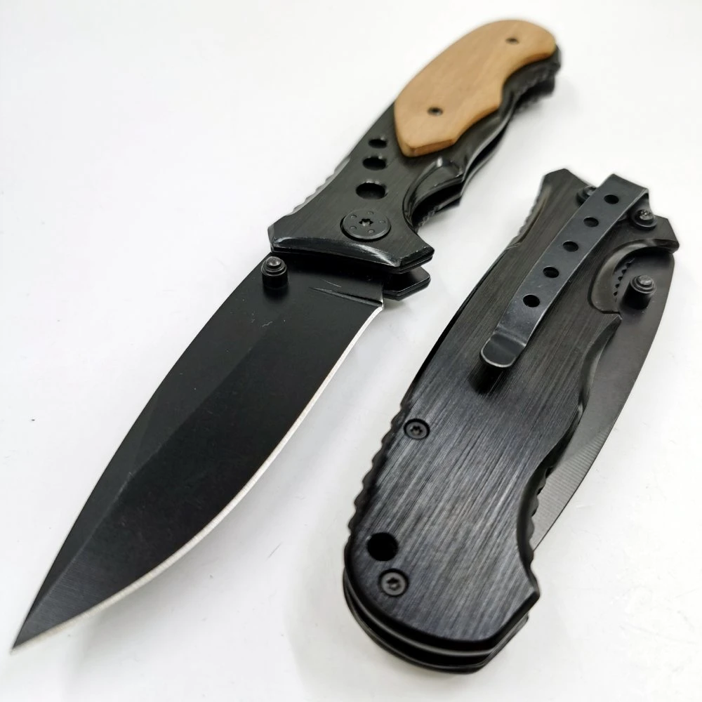 Pk-432bk The Best Sales Black Coating Blade Anodized Handle Decorated Olive Wood Folding Pocket Knife