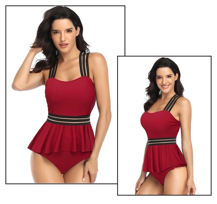 Las mujeres deben tener novia trajes de baño rojo escote Control Barriga Flowy Tankini establece Soft rizó la parte superior de 2 piezas de ropa de natación Trajes de baño con Panty