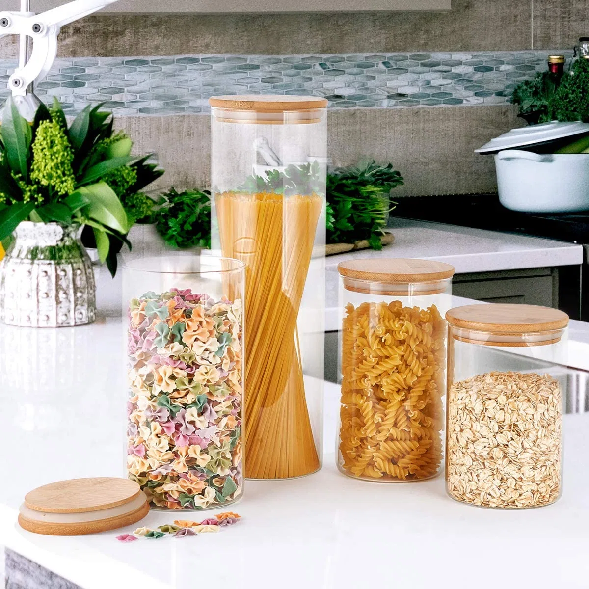Glass Jar, Food Jar, Glass Food Storage Containers Glass Storage Jar with Airtight Bamboo Lids Kitchen Glass Canisters for Coffee, Flour, Sugar, Candy, Cookie