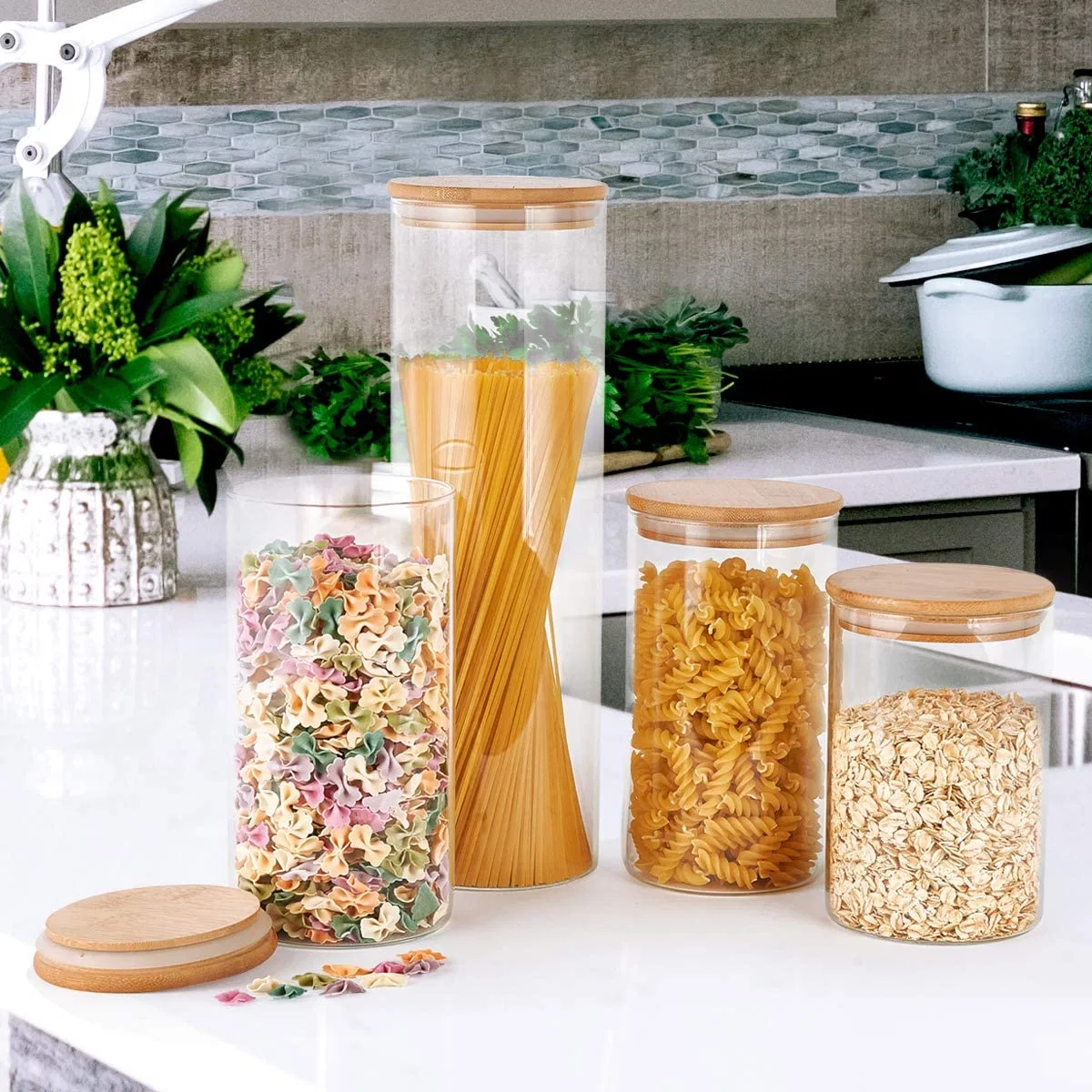 Copo misturador, copo de alimentos, comida de vidro contêineres de storage de armazenamento de copo misturador com bambu hermético Tampas Cozinha Canisters de vidro para café, farinha, açúcar, doces, Cookie