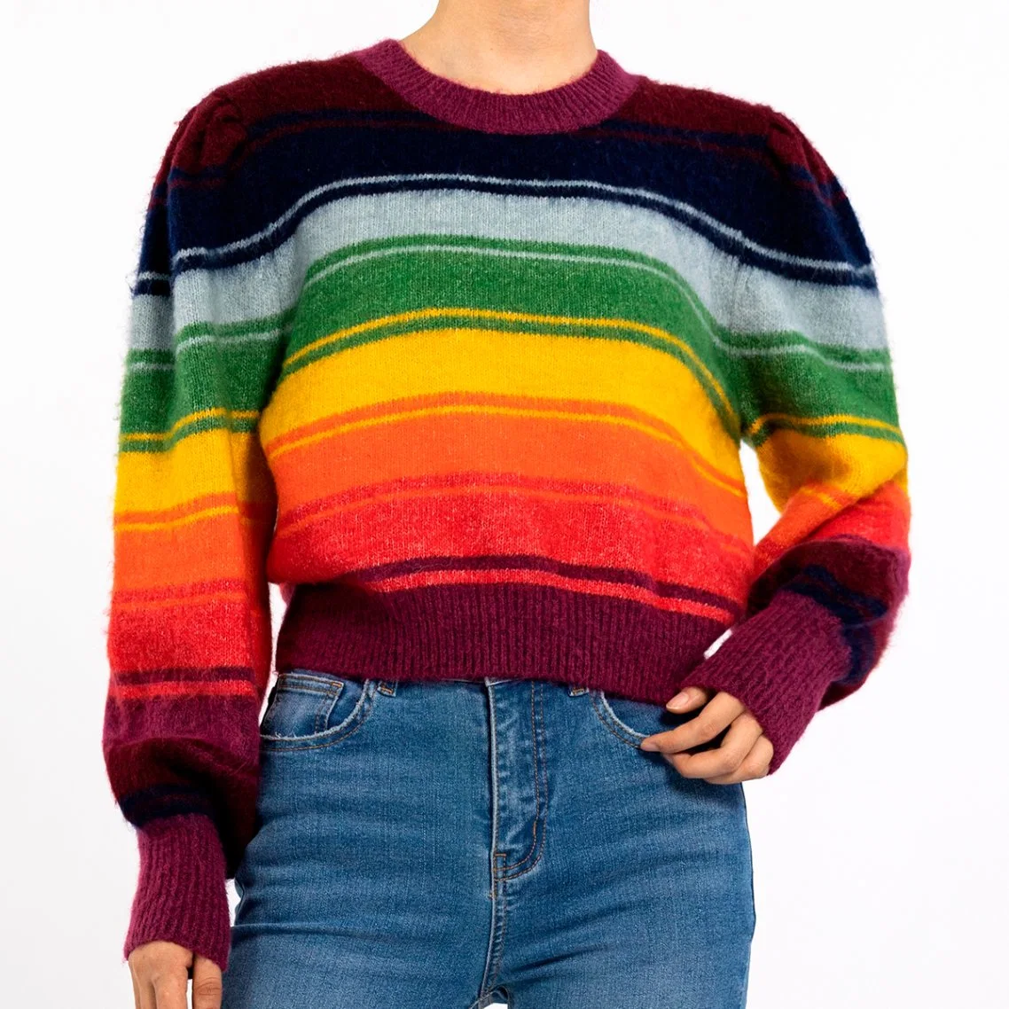 Autumn Winter American Vintage Knit Top Rainbow Stripe Women Crop Sweater