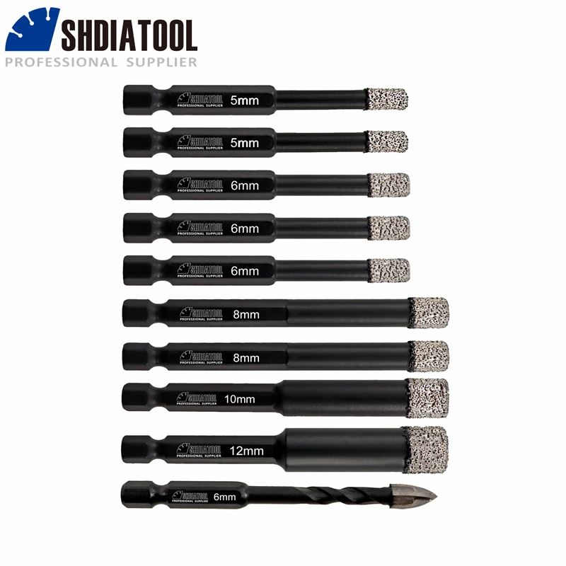 1set/10 PCS 5mmx2+6mmx3+8mmx2+10mm+12mm Dry Diamond Drill Core Bit +1PC 6mm Carbide Triangular Drill with Quick-Fit Shank