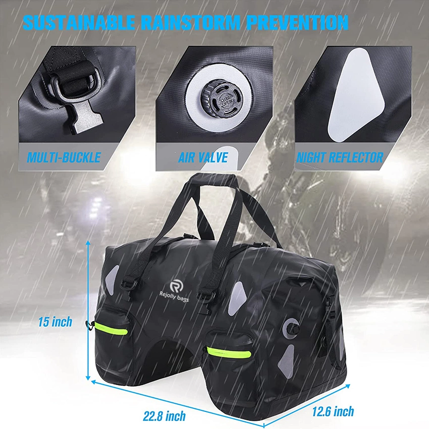 Dry Motorcycle Tail Bag 70L with Rope Straps and Inner Pocket Waterproof PVC 500d for Travel Motorbike Bag