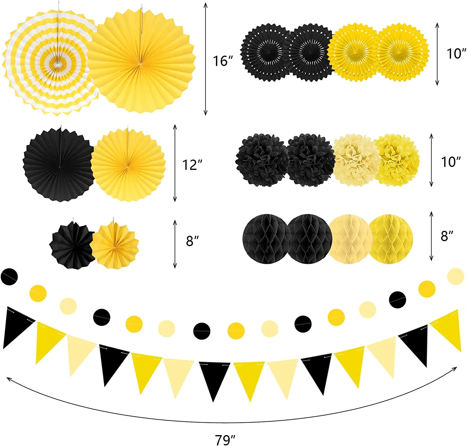 23PCS Paper Fan, Black and Yellow Hanging Paper Fans, Garland String Polka DOT and Triangle Bunting Flag Packs for Boy Birthday, Bridal Shower Party Decorations