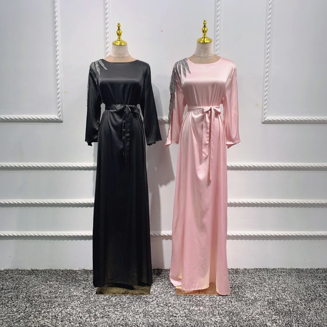 La Seda de la mujer Weimei Kaftan Abaya musulmán Vestido de manga larga y corbata Flowy Auto Maxi Dress vestido de noche islámica