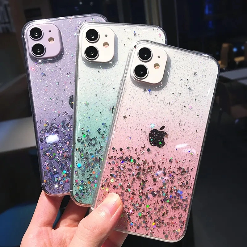 Clear Glitter Phone Case for iPhone 13 12 PRO 11 PRO Max Xs Max Xr X 7 8 Plus 12mini Se 2020 Cute Gradient Rainbow Sequins