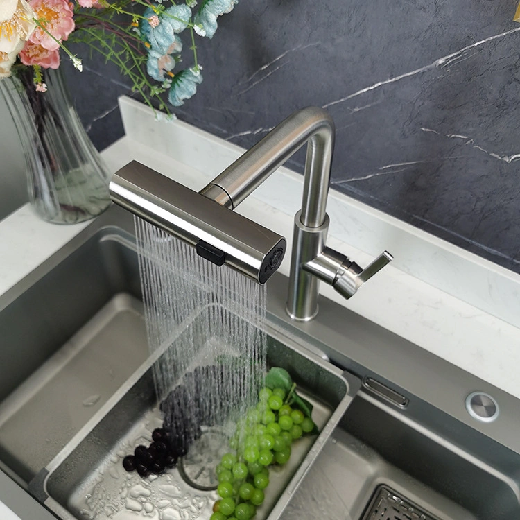 Nuevo diseño Sainpro Cascada de acero inoxidable 304 de agua fría caliente del grifo mezclador de 3 cabezal de ducha función sacar lavabo grifo de cocina