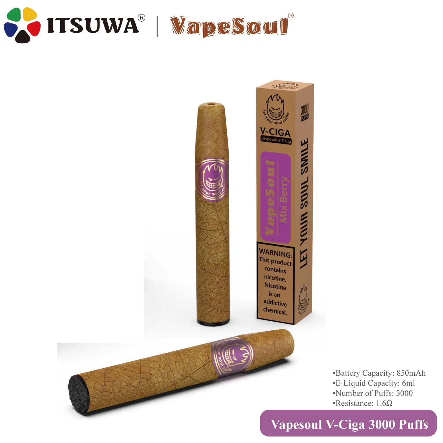 Vapesoul V-Cigarro 3000 inhalaciones 20mg 40mg de nicotina Vape desechables sabor a tabaco Premium Ciga China Precio al por mayor de la fábrica de cigarros de OEM de logotipo personalizado