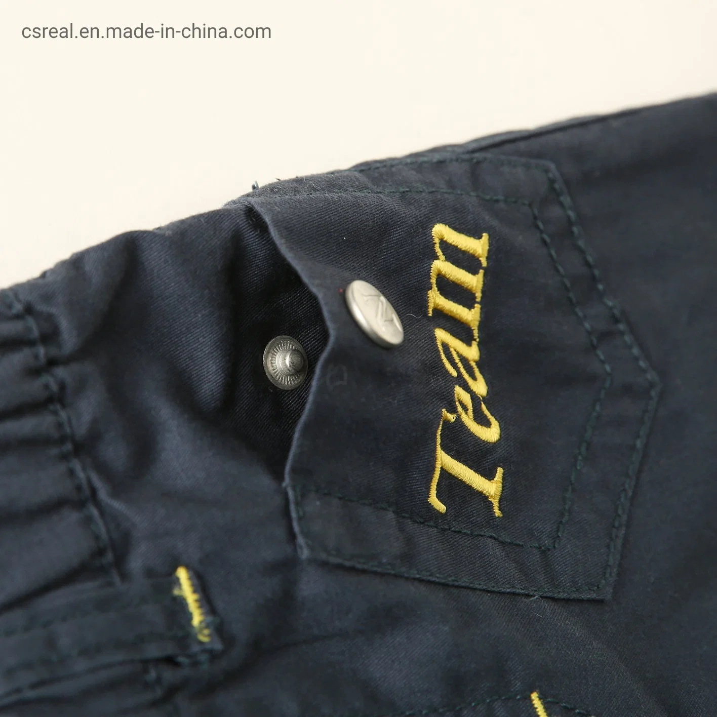 Boy Dark Color Cotton Twill Pant Clothes Made of Pocket with Embroidery and Metal Button