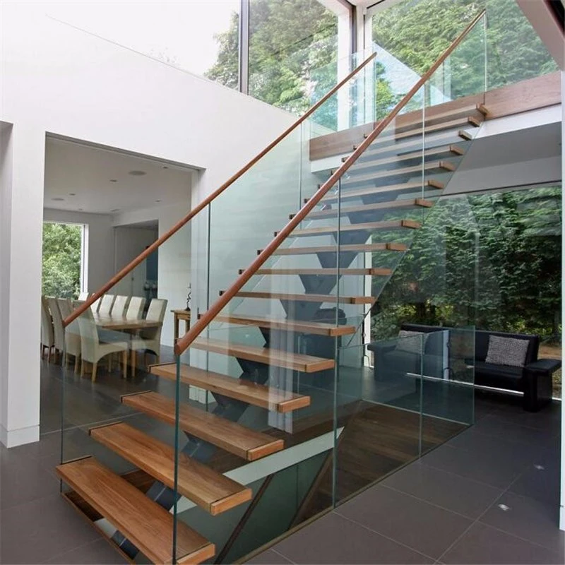 Prefab Steel Wood Straight Staircase with Glass Stair Railing Interior