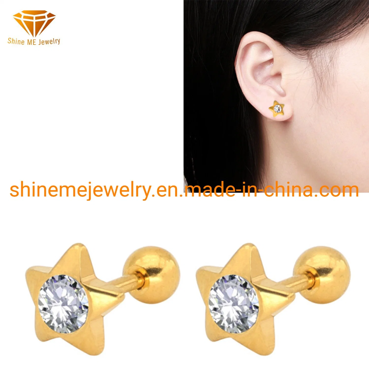 Fashion Titanium Steel Inlaid Zircon Small Earrings Stainless Steel Ball Exquisite Pentagram Earrings for Women Er2933