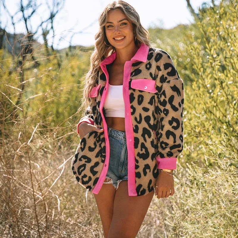 Neon Pink Contrast Trimmed Leopard Teddy Shackets Flannel Women Long Sleeve Shacket Jacket Coat Shacket