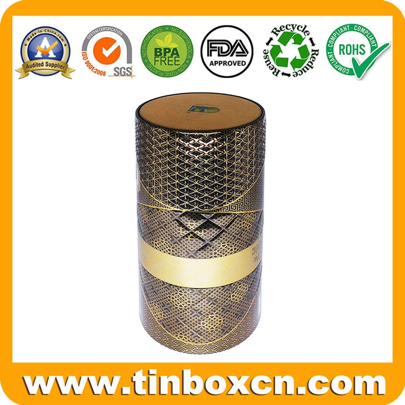 Luxury 3D Embossed Tall Round Metal Can Wine Tin Box with Bayonet Closure and Insert for Whisky Vodka Storage Container