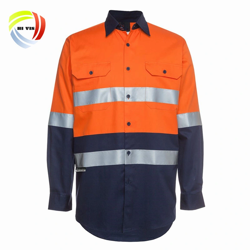 Custom Two Tone 100% Cotton Drill Light Weight Long Sleeve Work Uniform Reflective Safety Hi Vis Workwear for Men