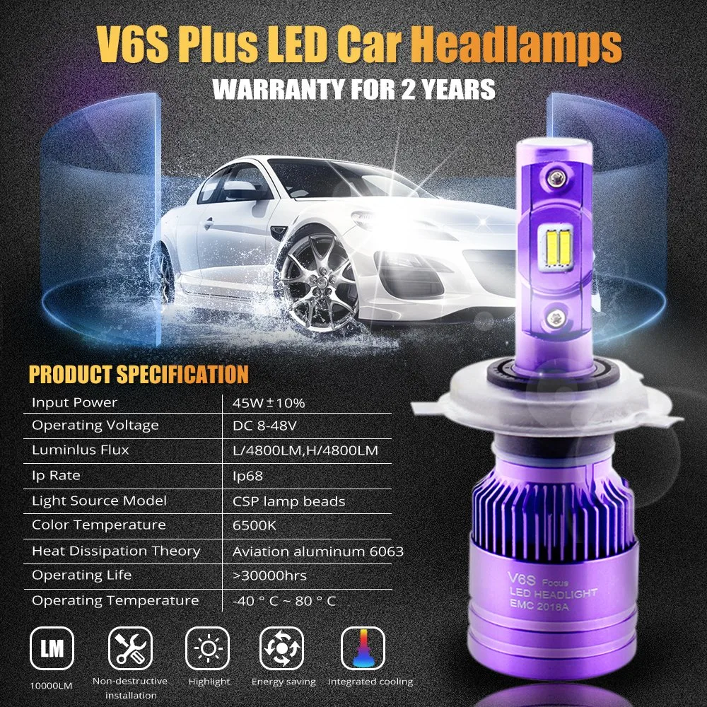 V6s Car Light H4 LED Headlight Bulbs Csp Chip All in One 90W 9600lm