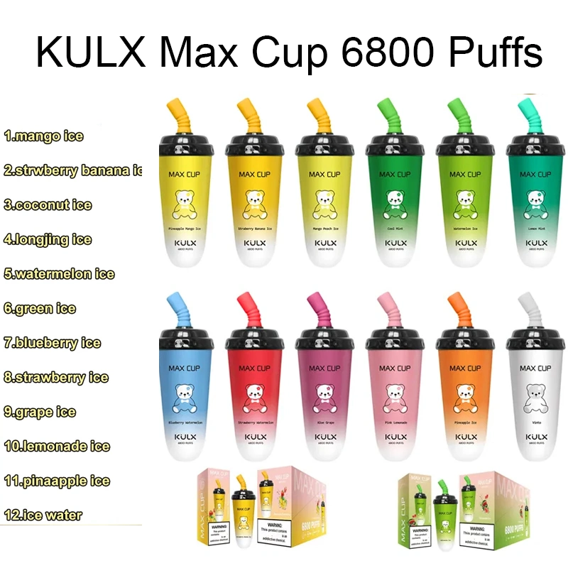الأصلي Kulx Max Cup 6800 Pffs القلم الإلكتروني القابل للاستخدام طقم بادئ السجائر Vape بطارية 600 مل/ساعة قابلة لإعادة الشحن 6800 أطواق قلم القرود