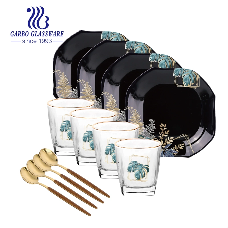 Neuer Design Opal Teller Wasser Glas Tasse Godlen Dinner Löffel Geschirr Set mit Decal Glassware Set