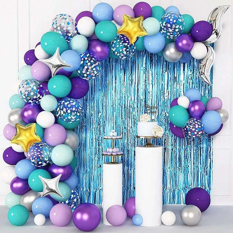 Theme Party Decorations Mermaid Birthday Party Decoration Balloons Set Purple Blue White Latex Balloon Arch with Rain Curtain