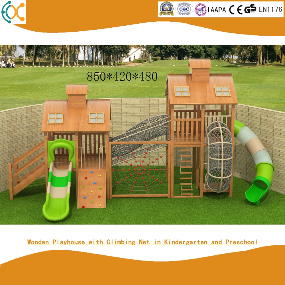 Outdoor Wooden Adventure Playground with Climbing Net in Amusement Park