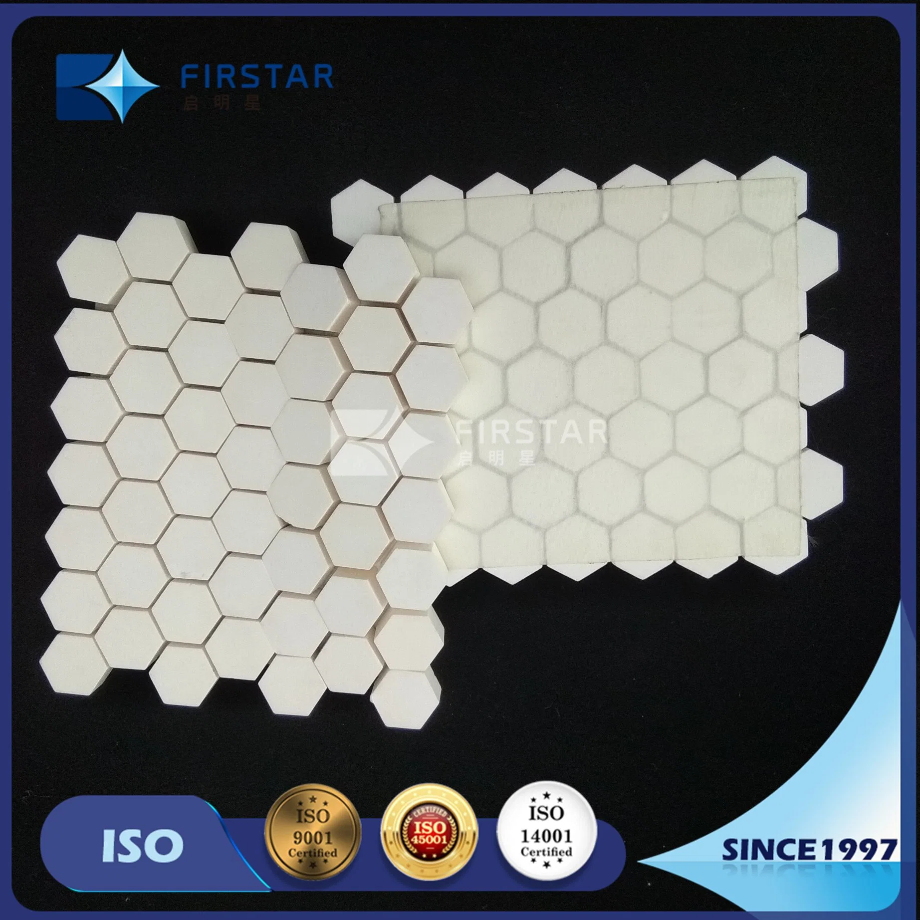 Revestimiento de ciclón/tubería 150X150X3~12mm Matas de baldosas hexagonales de alúmina resistentes al desgaste con Malla