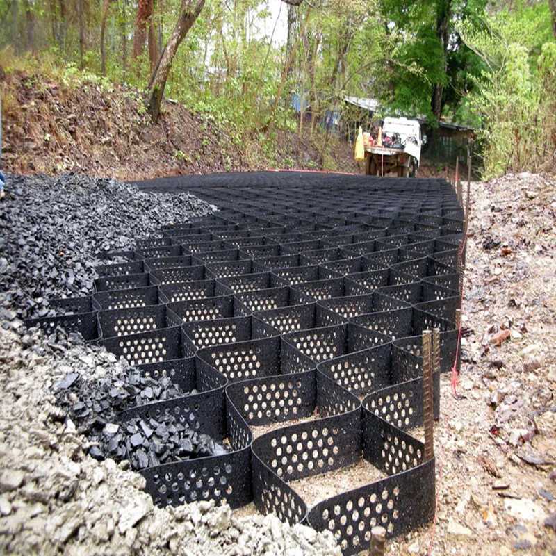 La superficie con textura de color negro de plástico HDPE Geocell Estabilización de la gravilla utilizada en la construcción de carreteras