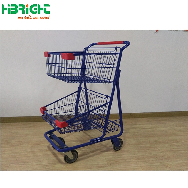 Chrome Wire Circular Tube Shopping Basket Trolley Double Layer Plastic Basket Shopping Cart with Wheels