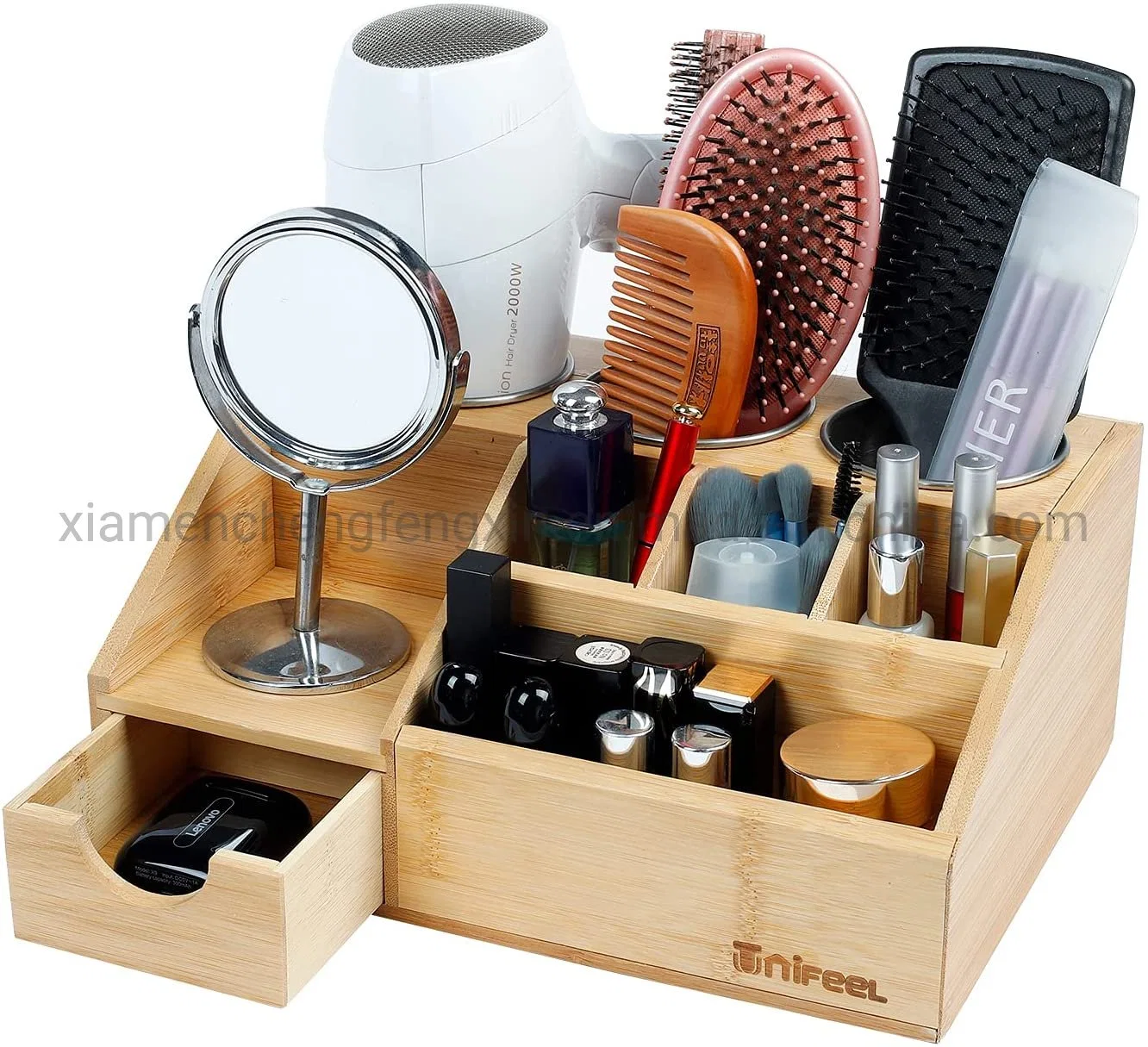 Outil de cheveux Organisateur - Séchoir à cheveux de bambou titulaire détient tous les outils Hot Styling, brosse et la vanité accessoires - Fer à friser de comptoir titulaire