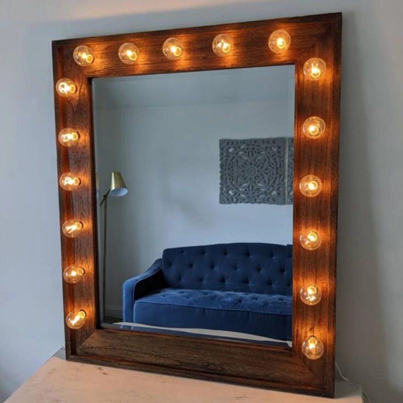 Light up Vanity Mirror Plug in Dark Wood Beauty Makeup Room Hollywood Bulbs Electric