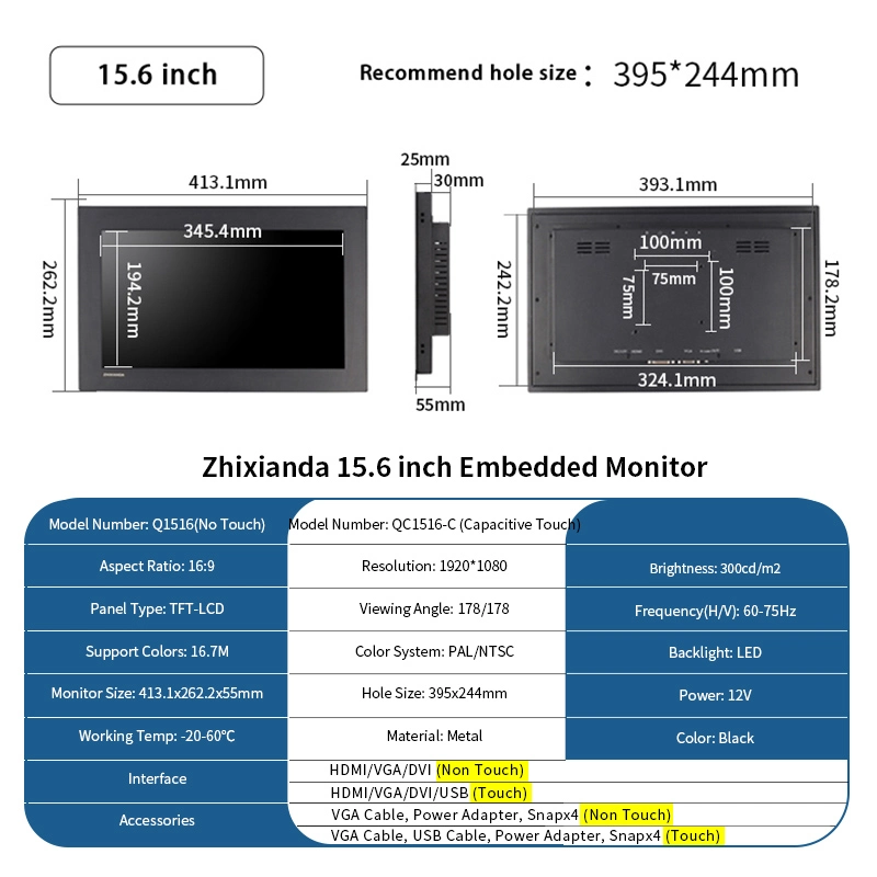 Встроенный 15.6-дюймовый дисплей 1920*1080 без сенсорного экрана HDMI оптовой торговли VGA DVI металлический корпус TFT панель для монтажа на стену промышленный ЖК-экран Монитор