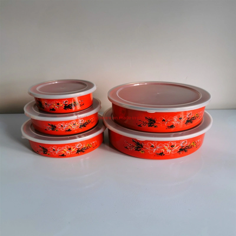 5PCS Enamel Storage Bowl Red Color Body with Flower Deco and Plastic Cover